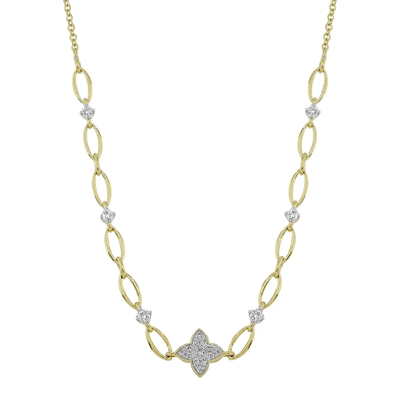 Gargantilla en oro amarillo de 18 Kilates, Flores, con diamantes de 0.22 Ct, 45 cm. de largo, 0.50 mm. de ancho