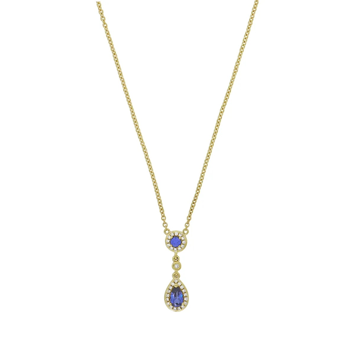 Gargantilla en oro amarillo de 18 Kilates, Uñas+decoración, con zafiro laboratorio central de 0.25 Ct, decoración en zafiro laboratorio de 0.08 Ct y diamante de laboratorio de 0.08 Ct, 45 cm. de largo, 1 mm. de ancho
