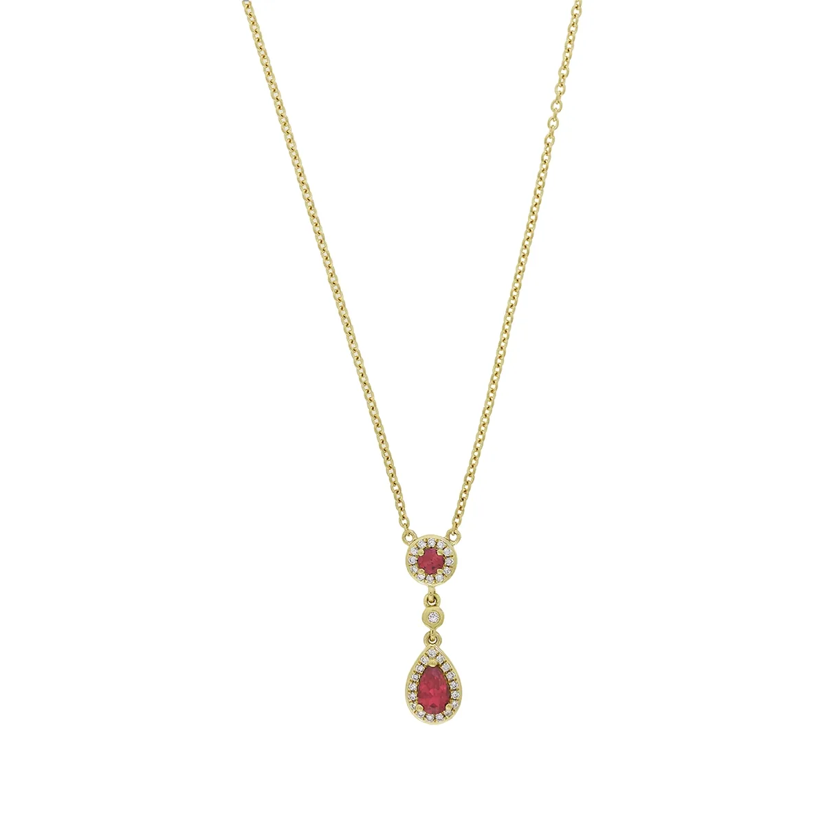 Gargantilla en oro amarillo de 18 Kilates, Uñas+decoración, con rubí laboratorio central de 0.27 Ct, decoración en rubí laboratorio de 0.08 Ct y diamante de laboratorio de 0.08 Ct, 45 cm. de largo, 1 mm. de ancho