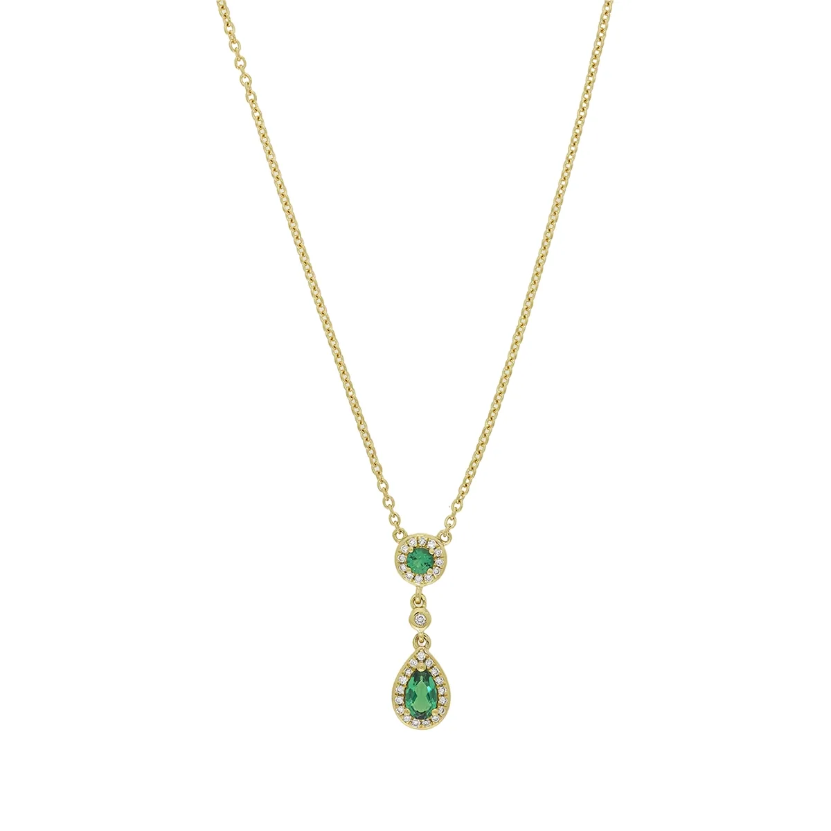 Gargantilla en oro amarillo de 18 Kilates, Uñas+decoración, con esmeralda laboratorio central de 0.17 Ct, decoración en esmeralda laboratorio de 0.06 Ct y diamante de laboratorio de 0.08 Ct, 45 cm. de largo, 1 mm. de ancho