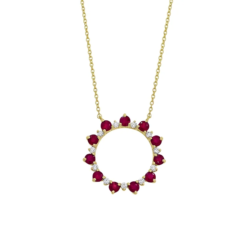 Gargantilla en oro amarillo de 18 Kilates, Figuras geométricas, con rubís de 0.43 Ct y diamantes de 0.07 Ct, 42 cm. de largo, 0.50 mm. de ancho