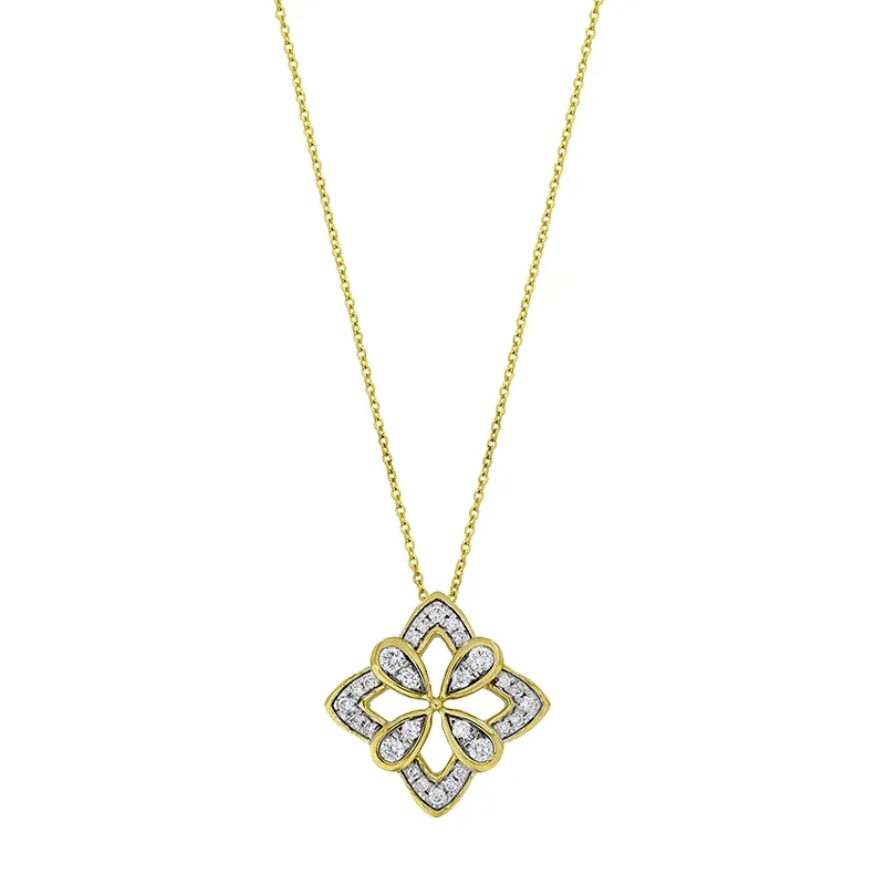 Gargantilla en oro amarillo de 18 Kilates, Flores, con diamantes de 0.17 Ct, 42 cm. de largo, 0.50 mm. de ancho