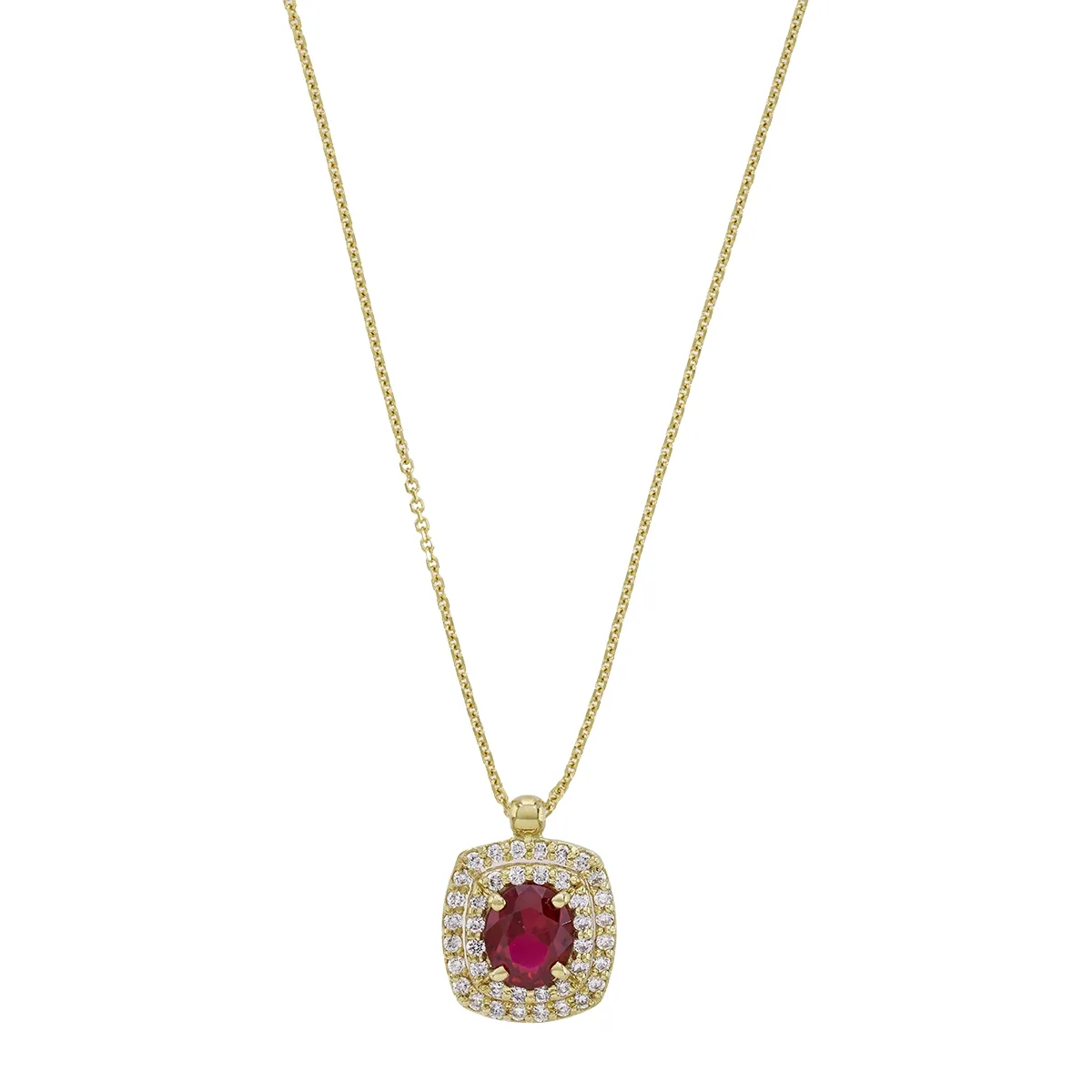 Gargantilla en oro amarillo de 18 Kilates, Uñas+decoración, con ruby laboratorio central de 0.70 Ct y decoración en diamante de laboratorio de 0.22 Ct, 42 cm. de largo, 0.50 mm. de ancho