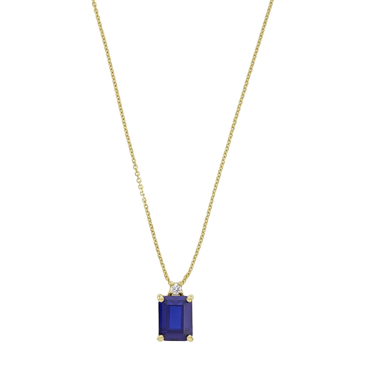 Gargantilla en oro amarillo de 18 Kilates, Uñas+decoración, con zafiro laboratorio central de 1.90 Ct y decoración en diamante laboratorio de 0.03 Ct, 42 cm. de largo, 0.50 mm. de ancho