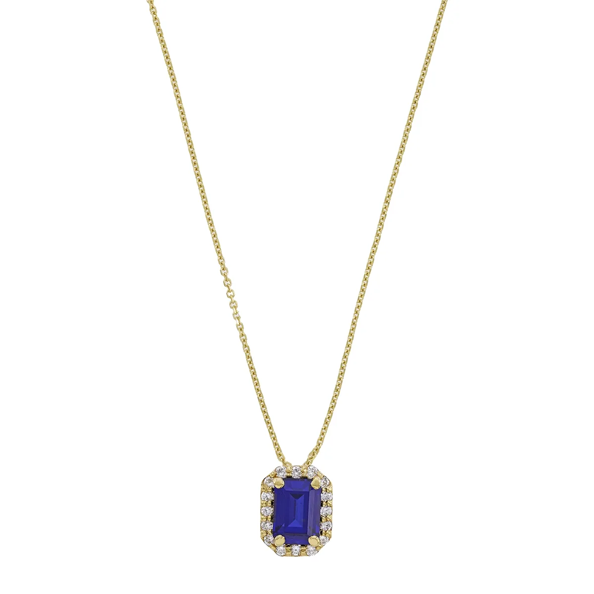Gargantilla en oro amarillo de 18 Kilates, Uñas+decoración, con zafiro laboratorio central de 1.20 Ct y decoración en diamante de laboratorio de 0.16 Ct, 42 cm. de largo, 0.50 mm. de ancho
