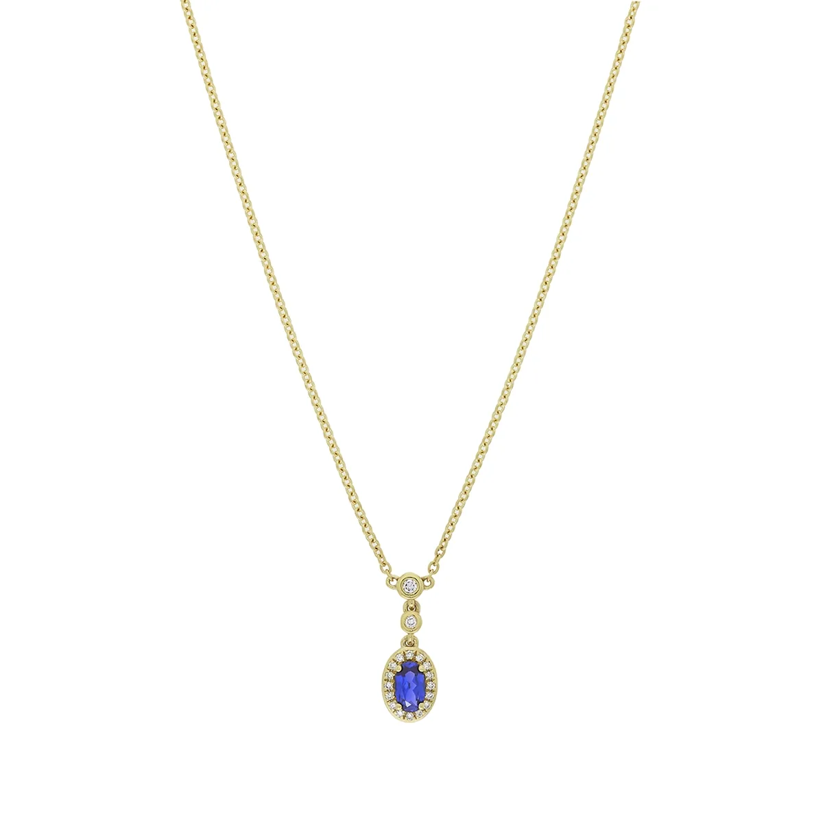 Gargantilla en oro amarillo de 18 Kilates, Uñas+decoración, con zafiro laboratorio central de 0.28 Ct y decoración en diamante de laboratorio de 0.06 Ct, 45 cm. de largo, 1 mm. de ancho