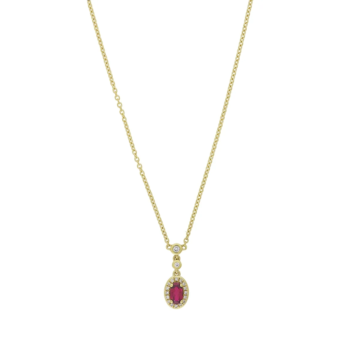 Gargantilla en oro amarillo de 18 Kilates, Uñas+decoración, con rubí laboratorio central de 0.28 Ct y decoración en diamante de laboratorio de 0.06 Ct, 45 cm. de largo, 1 mm. de ancho