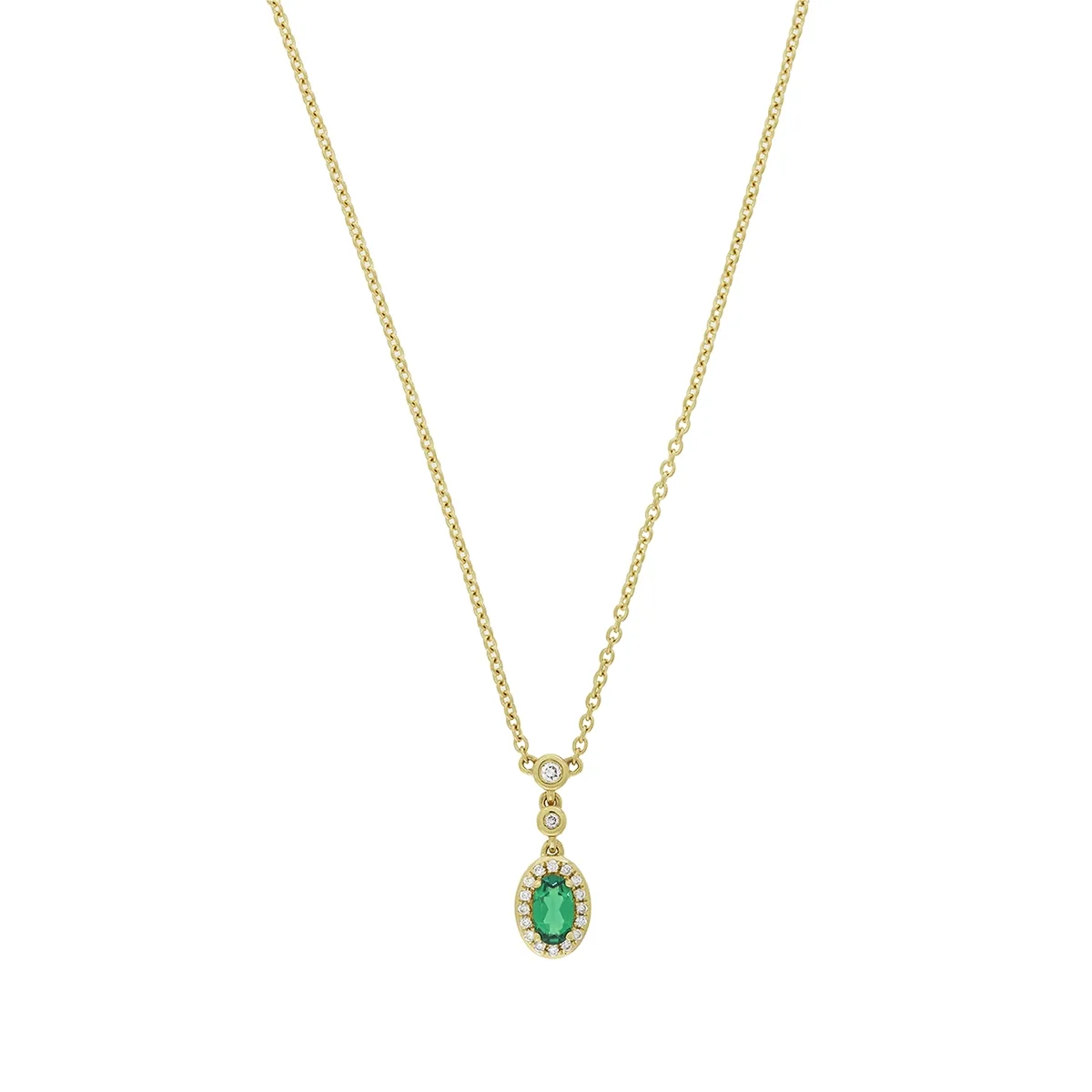 Gargantilla en oro amarillo de 18 Kilates, Uñas+decoración, con esmeralda laboratorio central de 0.18 Ct y decoración en diamante de laboratorio de 0.06 Ct, 45 cm. de largo, 1 mm. de ancho