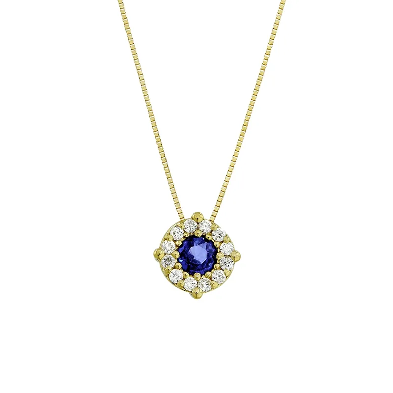 Gargantilla en oro amarillo de 18 Kilates, Uñas+decoración, con zafiro central de 0.32 Ct y decoración en diamantes de 0.12 Ct, 42 cm. de largo, 0.50 mm. de ancho