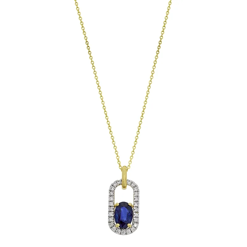 Gargantilla en oro amarillo de 18 Kilates, Figuras geométricas, con zafiro central de 0.56 Ct y decoración en diamantes de 0.12 Ct, 42 cm. de largo, 0.50 mm. de ancho