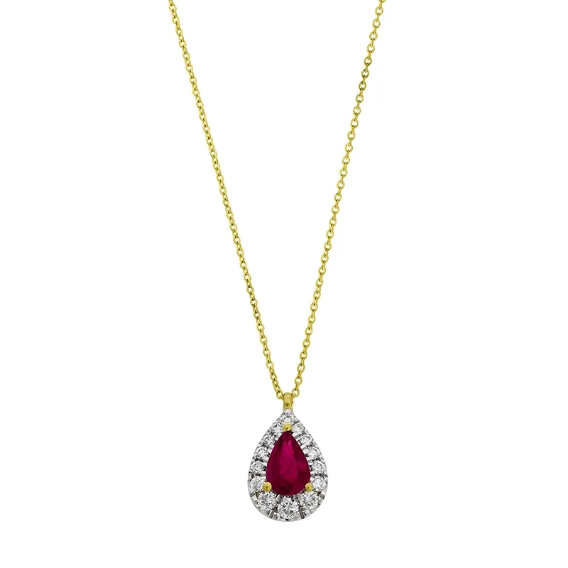 Gargantilla en oro amarillo de 18 Kilates, Uñas+decoración, con rubí central de 0.50 Ct y decoración en diamantes de 0.16 Ct, 42 cm. de largo, 0.50 mm. de ancho