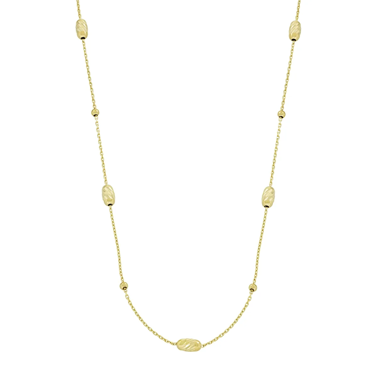 Gargantilla en oro amarillo de 18 Kilates con visos, Figuras geométricas, 42 cm. de largo, 0.50 mm. de ancho