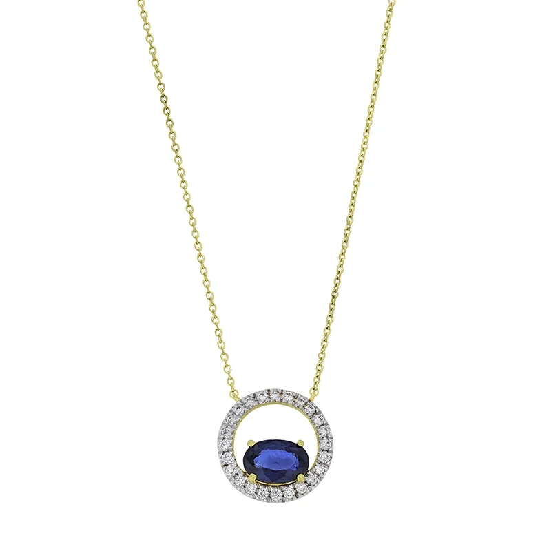 Gargantilla en oro amarillo de 18 Kilates, Uñas+decoración, con zafiro central de 0.65 Ct y decoración en diamantes de 0.11 Ct, 42 cm. de largo, 0.50 mm. de ancho