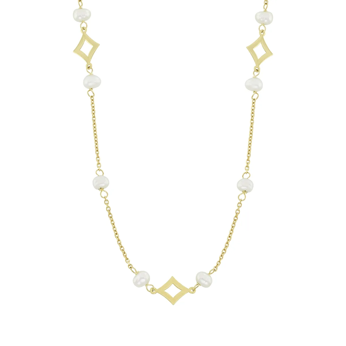 Gargantilla en oro amarillo de 18 Kilates, Figuras geométricas, con perlas, 40 cm. de largo, 0.50 mm. de ancho