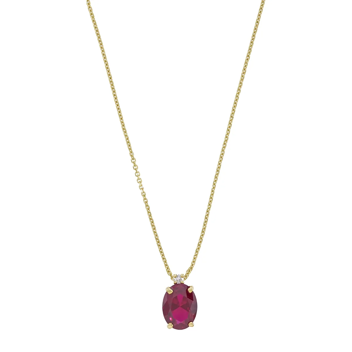 Gargantilla en oro amarillo de 18 Kilates, Uñas+decoración, con ruby laboratorio central de 1.20 Ct y decoración en diamante laboratorio de 0.02 Ct, 42 cm. de largo, 0.50 mm. de ancho
