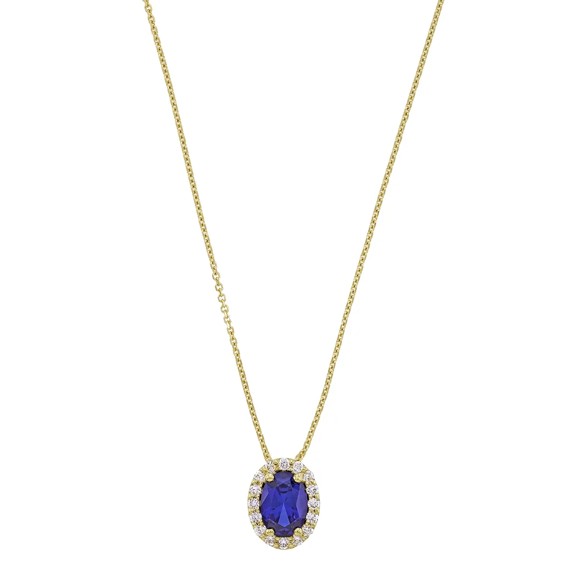 Gargantilla en oro amarillo de 18 Kilates, Uñas+decoración, con zafiro laboratorio central de 0.90 Ct y decoración en diamante de laboratorio de 0.16 Ct, 42 cm. de largo, 0.50 mm. de ancho