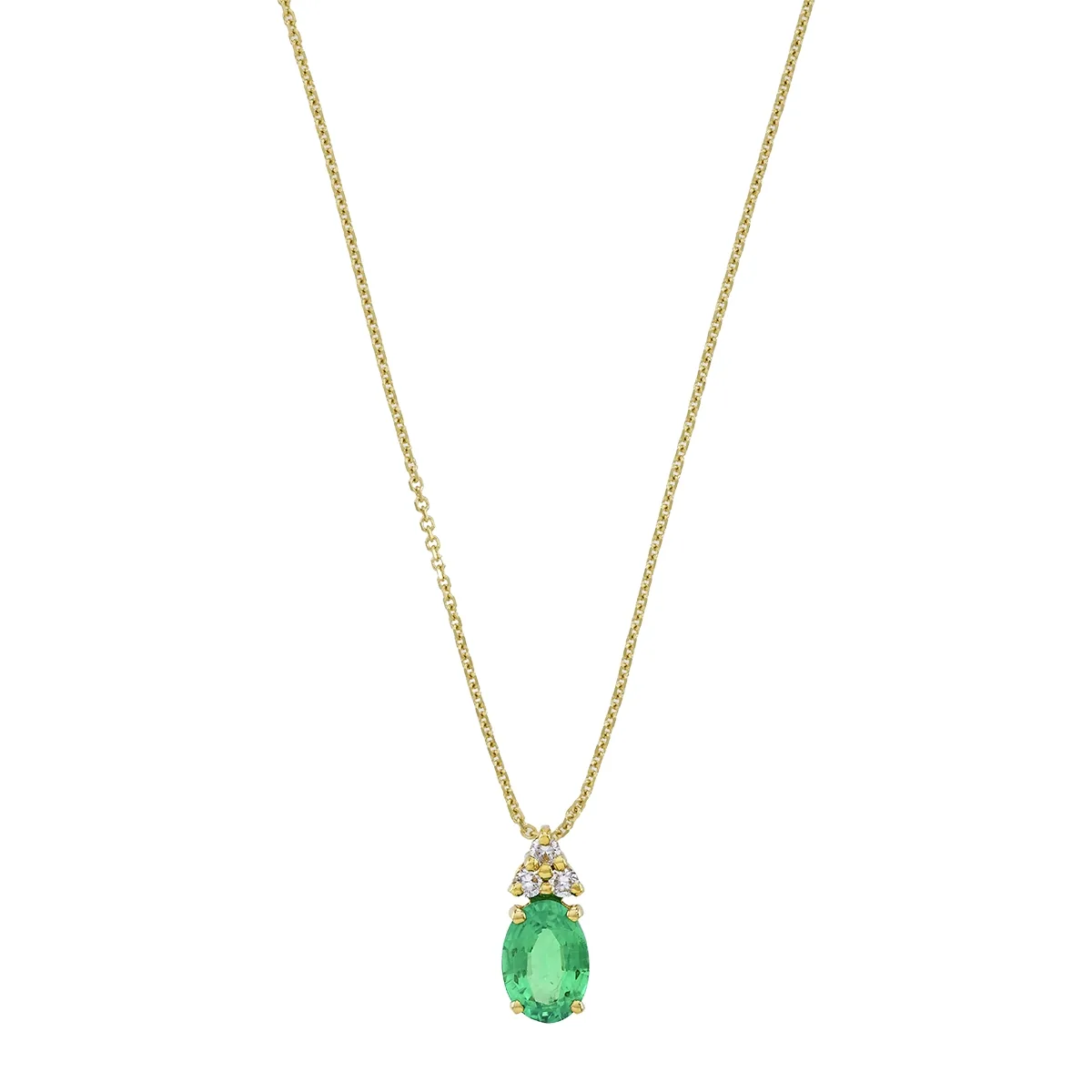 Gargantilla en oro amarillo de 18 Kilates, Uñas+decoración, con esmeralda laboratorio central de 0.50 Ct y decoración en diamante de laboratorio de 0.06 Ct, 42 cm. de largo, 0.50 mm. de ancho