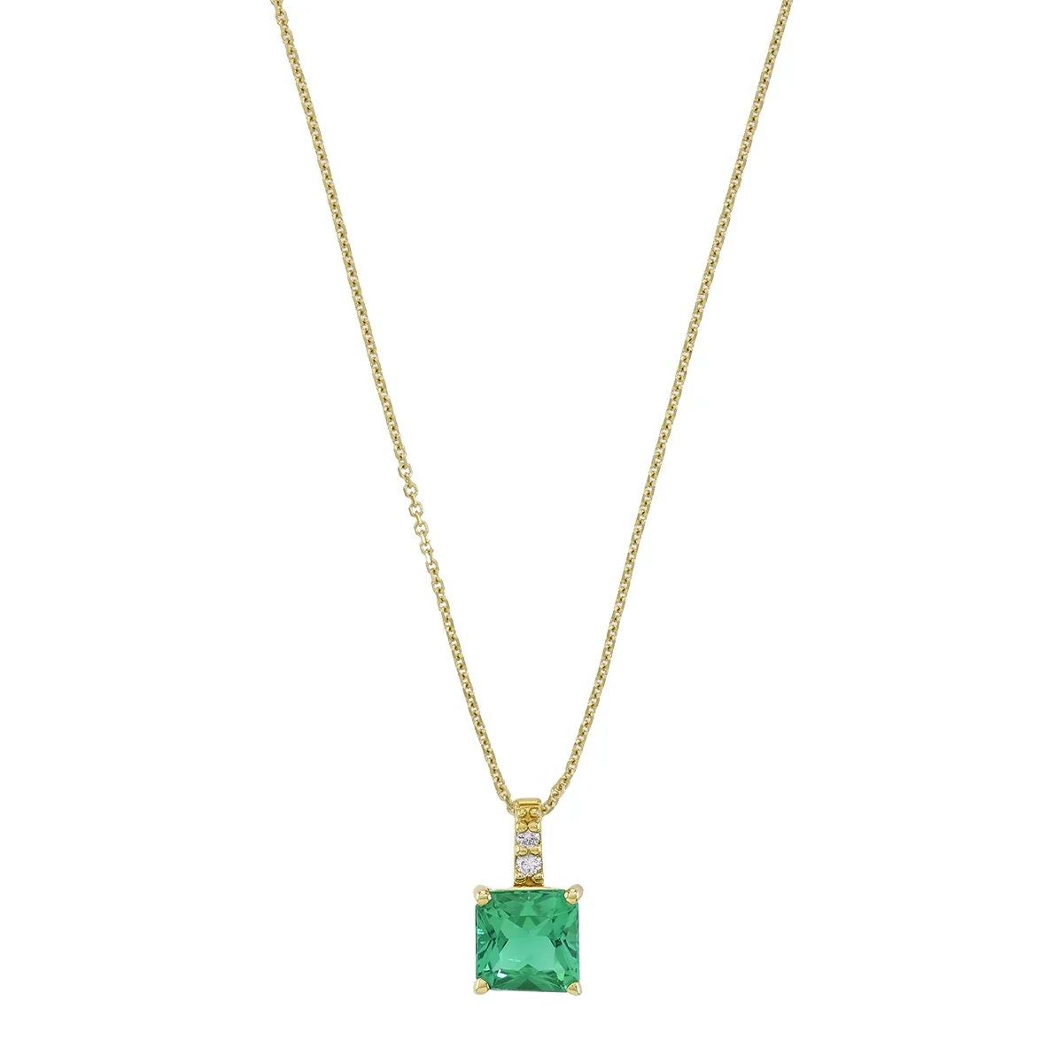 Gargantilla en oro amarillo de 18 Kilates, Uñas+decoración, con esmeralda laboratorio central de 0.85 Ct y decoración en diamante de laboratorio de 0.02 Ct, 42 cm. de largo, 0.50 mm. de ancho