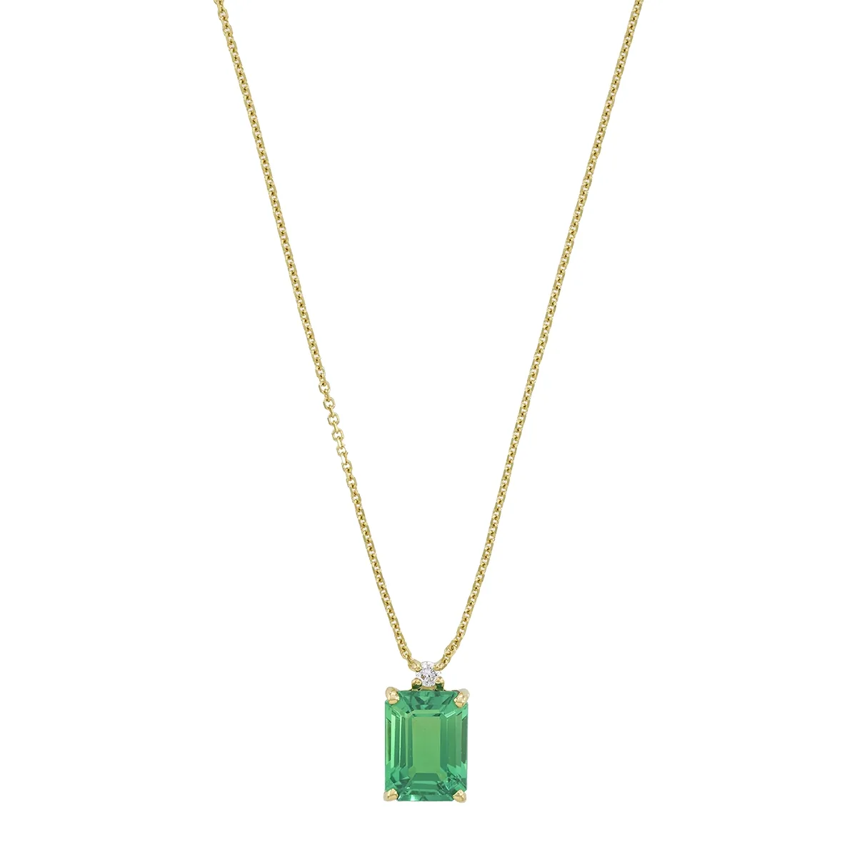 Gargantilla en oro amarillo de 18 Kilates, Uñas+decoración, con esmeralda laboratorio central de 1.40 Ct y decoración en diamante laboratorio de 0.02 Ct, 42 cm. de largo, 0.50 mm. de ancho