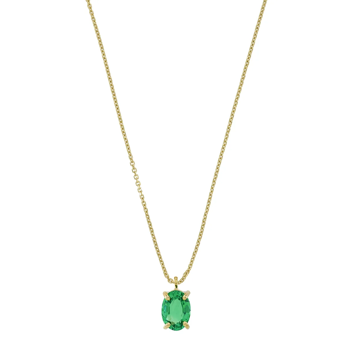 Gargantilla en oro amarillo de 18 Kilates, Uñas, con esmeralda laboratorio central de 0.60 Ct, 42 cm. de largo, 0.50 mm. de ancho