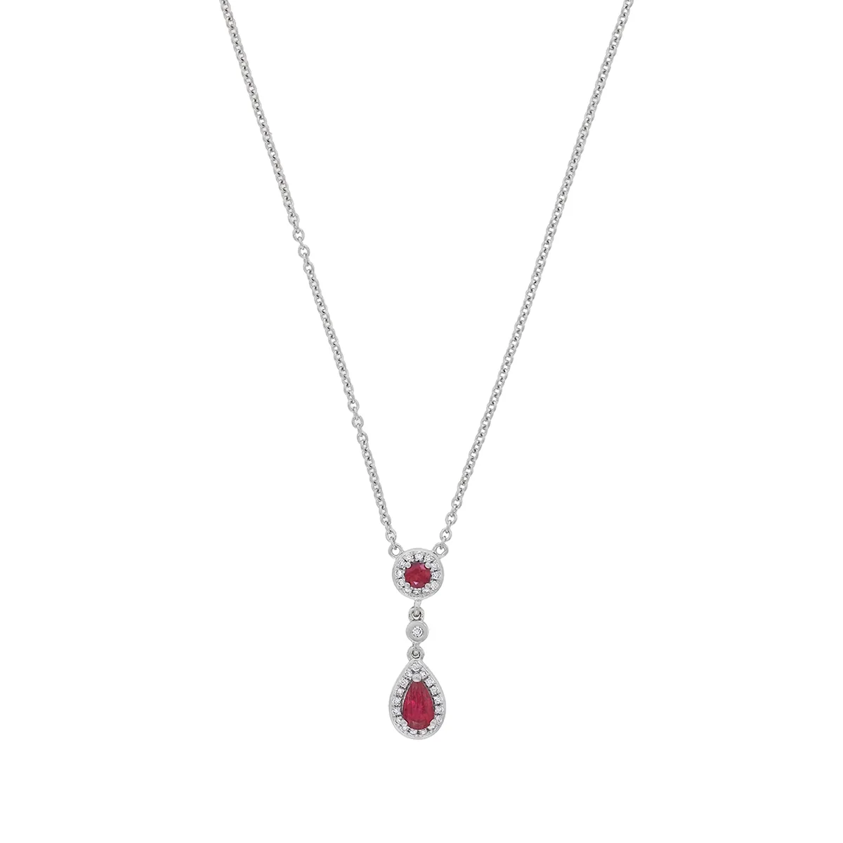 Gargantilla en oro blanco de 18 Kilates, Uñas+decoración, con rubí laboratorio central de 0.27 Ct, decoración en rubí laboratorio de 0.08 Ct y diamante de laboratorio de 0.08 Ct, 45 cm. de largo, 1 mm. de ancho