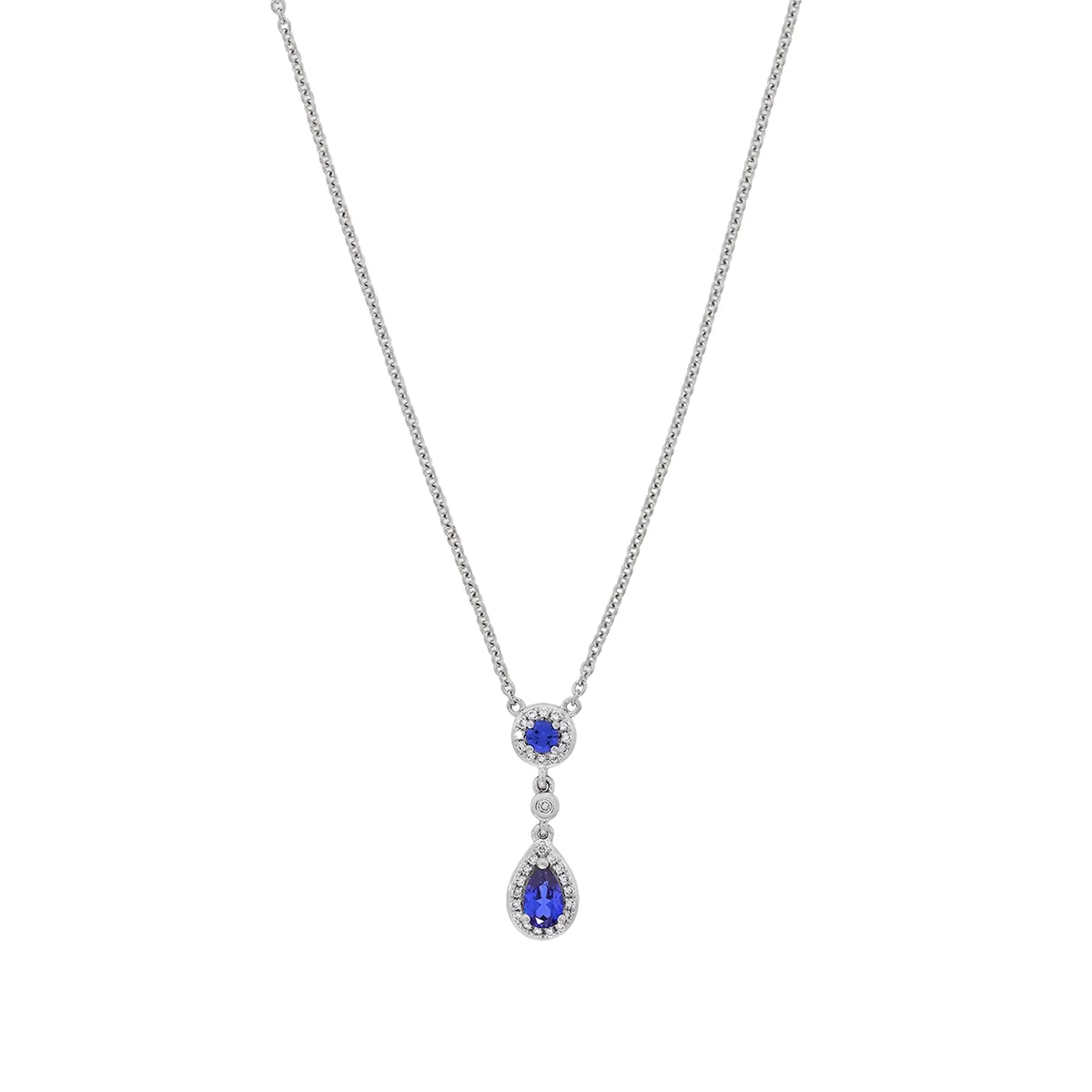 Gargantilla en oro blanco de 18 Kilates, Uñas+decoración, con zafiro laboratorio central de 0.25 Ct, decoración en zafiro laboratorio de 0.08 Ct y diamante de laboratorio de 0.08 Ct, 45 cm. de largo, 1 mm. de ancho
