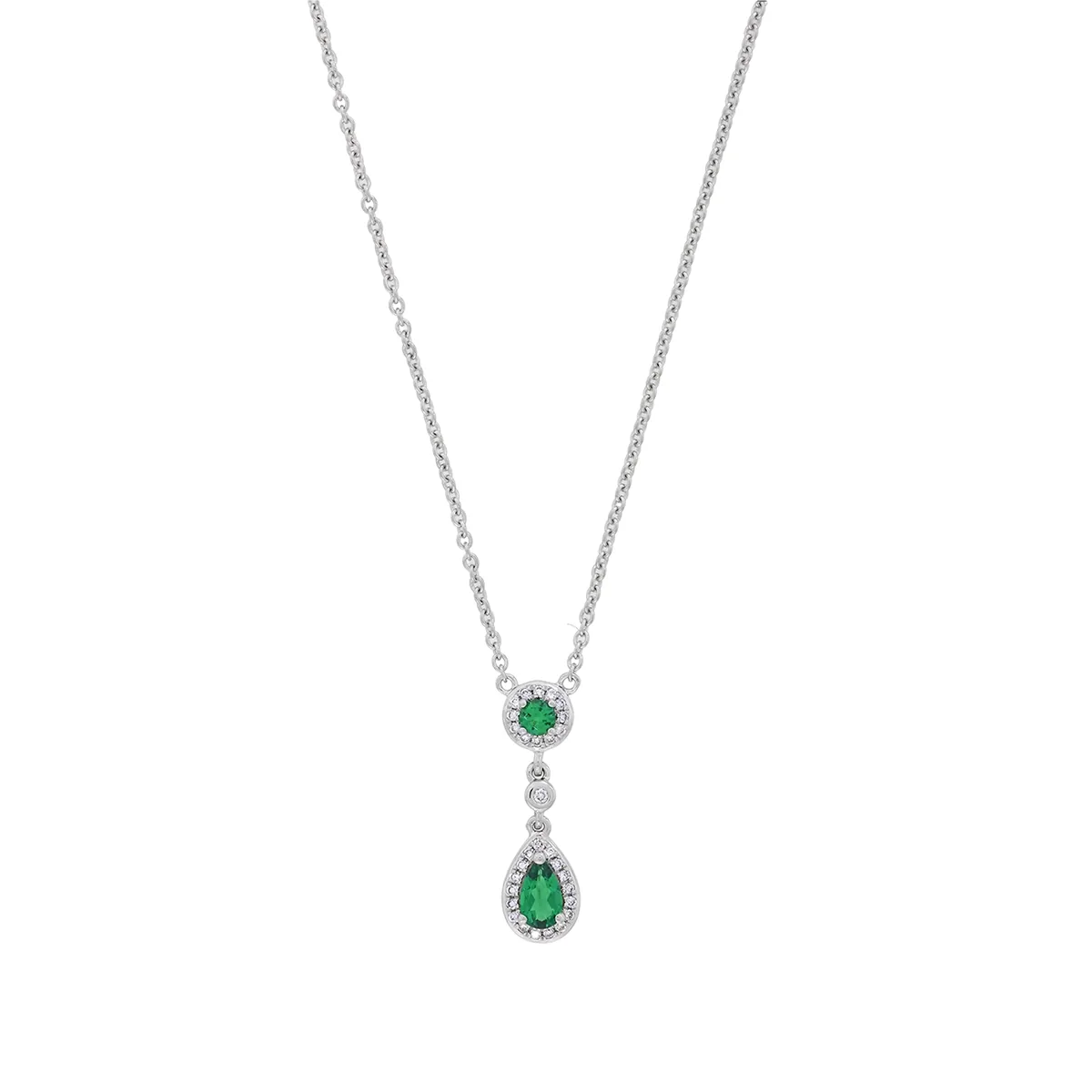 Gargantilla en oro blanco de 18 Kilates, Uñas+decoración, con esmeralda laboratorio central de 0.17 Ct, decoración en esmeralda laboratorio de 0.06 Ct y diamante de laboratorio de 0.08 Ct, 45 cm. de largo, 1 mm. de ancho
