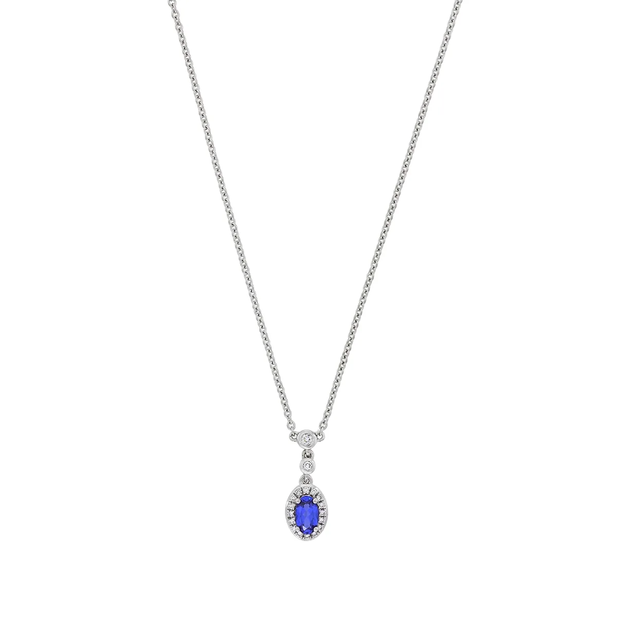 Gargantilla en oro blanco de 18 Kilates, Uñas+decoración, con zafiro laboratorio central de 0.28 Ct y decoración en diamante de laboratorio de 0.06 Ct, 45 cm. de largo, 1 mm. de ancho