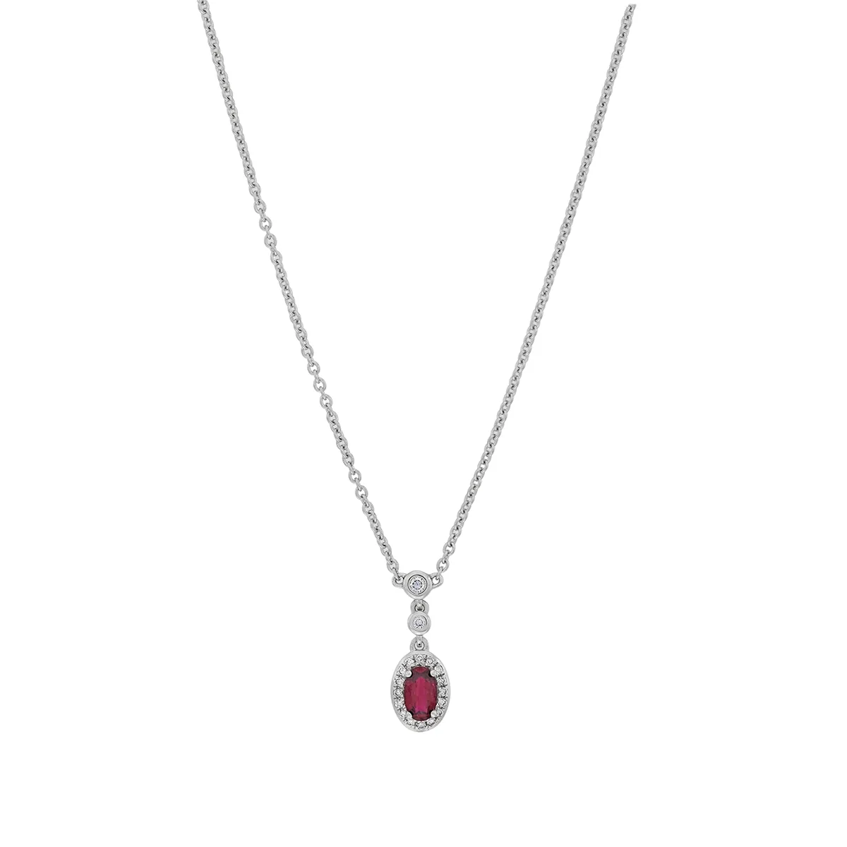 Gargantilla en oro blanco de 18 Kilates, Uñas+decoración, con rubí laboratorio central de 0.28 Ct y decoración en diamante de laboratorio de 0.06 Ct, 45 cm. de largo, 1 mm. de ancho