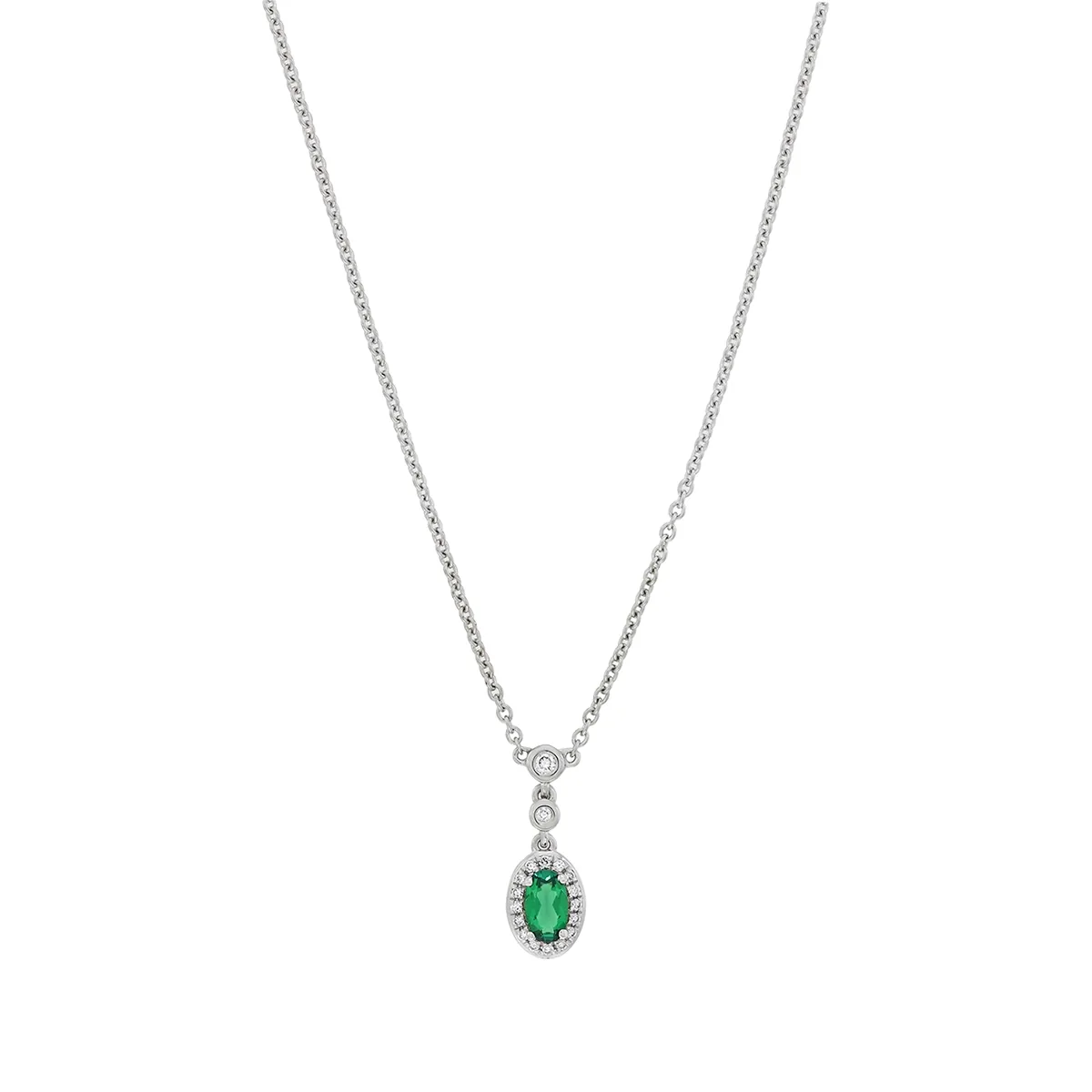 Gargantilla en oro blanco de 18 Kilates, Uñas+decoración, con esmeralda laboratorio central de 0.18 Ct y decoración en diamante de laboratorio de 0.06 Ct, 45 cm. de largo, 1 mm. de ancho