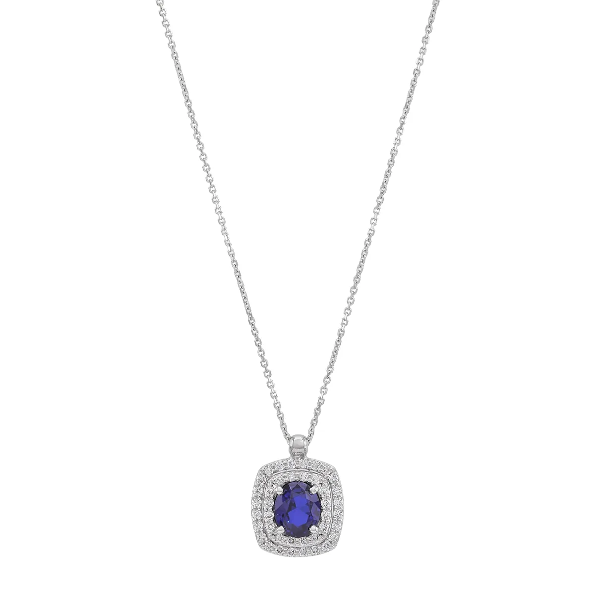 Gargantilla en oro blanco de 18 Kilates, Uñas+decoración, con zafiro laboratorio central de 0.70 Ct y decoración en diamante de laboratorio de 0.22 Ct, 42 cm. de largo, 0.50 mm. de ancho