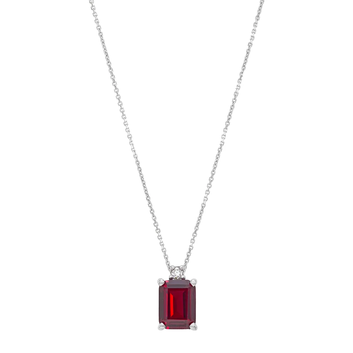 Gargantilla en oro blanco de 18 Kilates, Uñas+decoración, con ruby laboratorio central de 1.90 Ct y decoración en diamante laboratorio de 0.03 Ct, 42 cm. de largo, 0.50 mm. de ancho