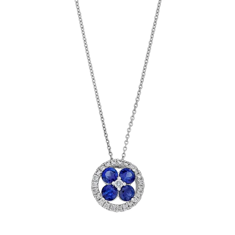 Gargantilla en oro blanco de 18 Kilates, Flores, con zafiros de 0.45 Ct y diamantes de 0.12 Ct, 42 cm. de largo, 0.50 mm. de ancho