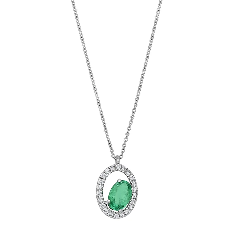 Gargantilla en oro blanco de 18 Kilates, Uñas+decoración, con esmeralda central de 0.40 Ct y decoración en diamantes de 0.10 Ct, 42 cm. de largo, 0.50 mm. de ancho