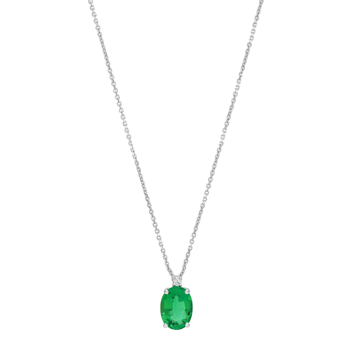 Gargantilla en oro blanco de 18 Kilates, Uñas+decoración, con esmeralda laboratorio central de 1.00 Ct y decoración en diamante laboratorio de 0.02 Ct, 42 cm. de largo, 0.50 mm. de ancho