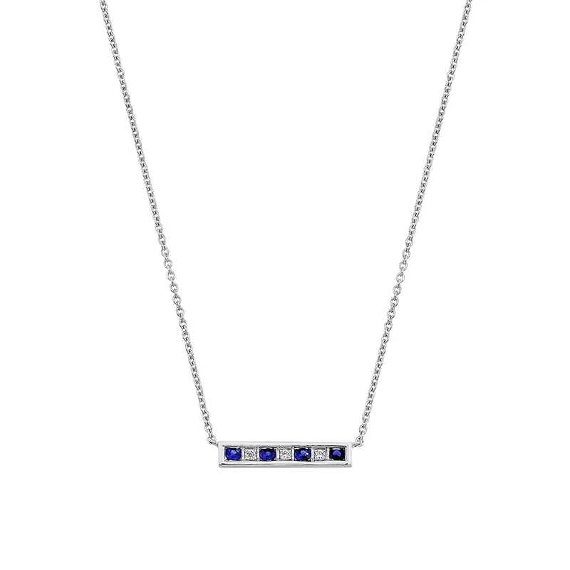 Gargantilla en oro blanco de 18 Kilates, Barras, con zafiros de 0.10 Ct y diamantes de 0.02 Ct, 45 cm. de largo, 0.50 mm. de ancho