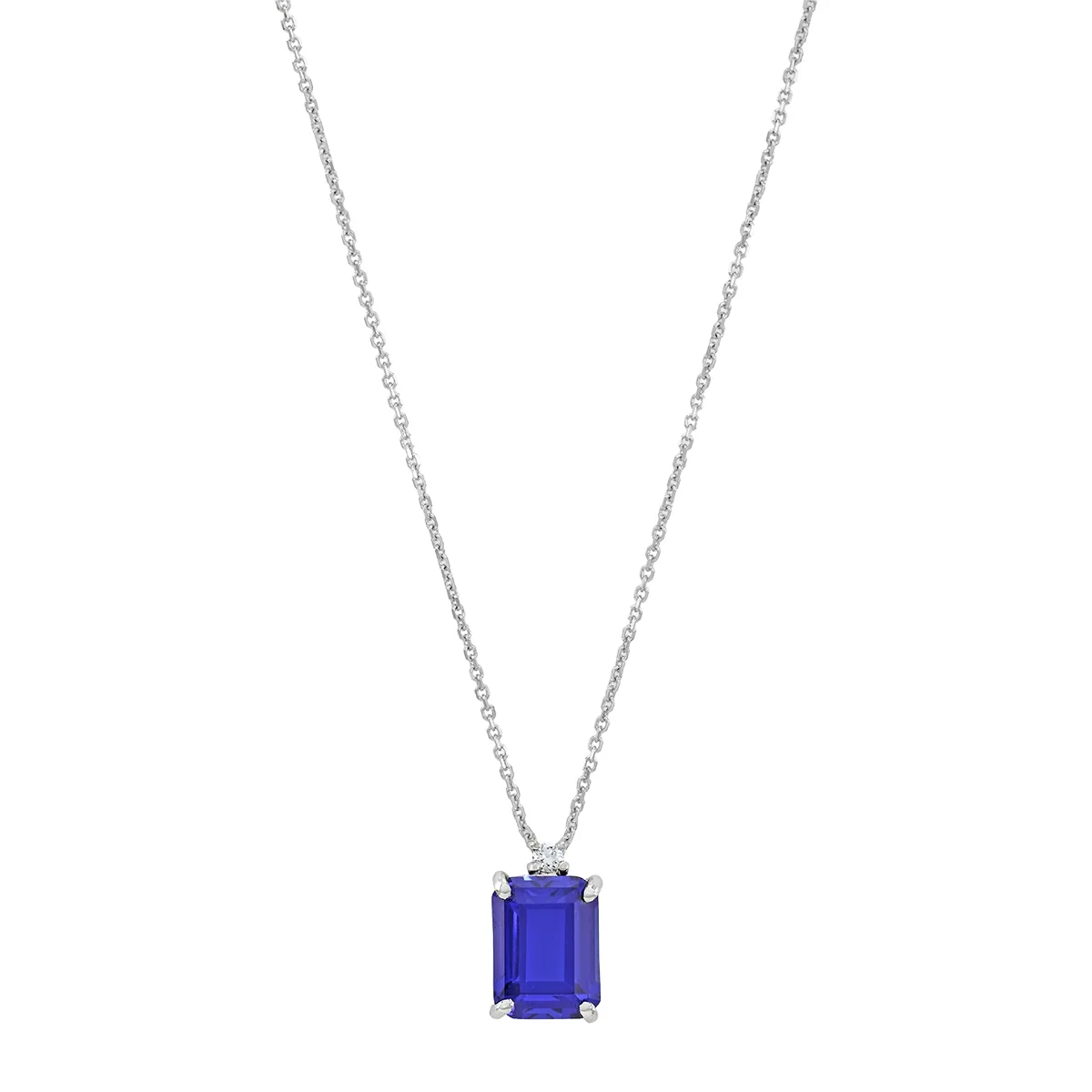 Gargantilla en oro blanco de 18 Kilates, Uñas+decoración, con zafiro laboratorio central de 1.90 Ct y decoración en diamante laboratorio de 0.02 Ct, 42 cm. de largo, 0.50 mm. de ancho