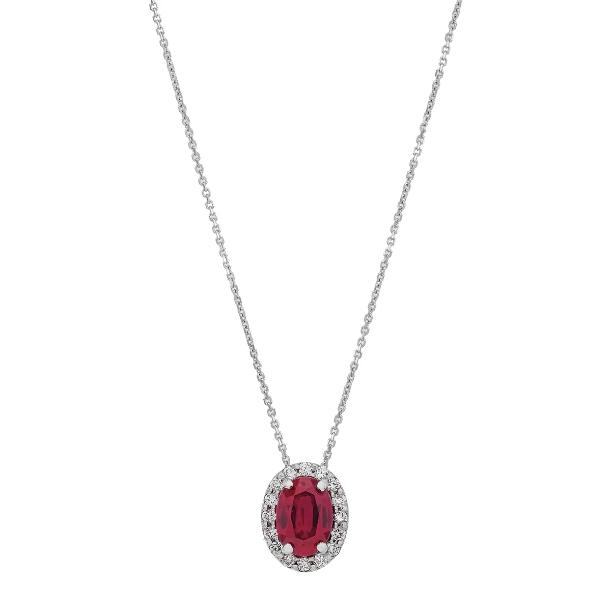 Gargantilla en oro blanco de 18 Kilates, Uñas+decoración, con ruby laboratorio central de 0.80 Ct y decoración en diamante de laboratorio de 0.16 Ct, 42 cm. de largo, 0.50 mm. de ancho