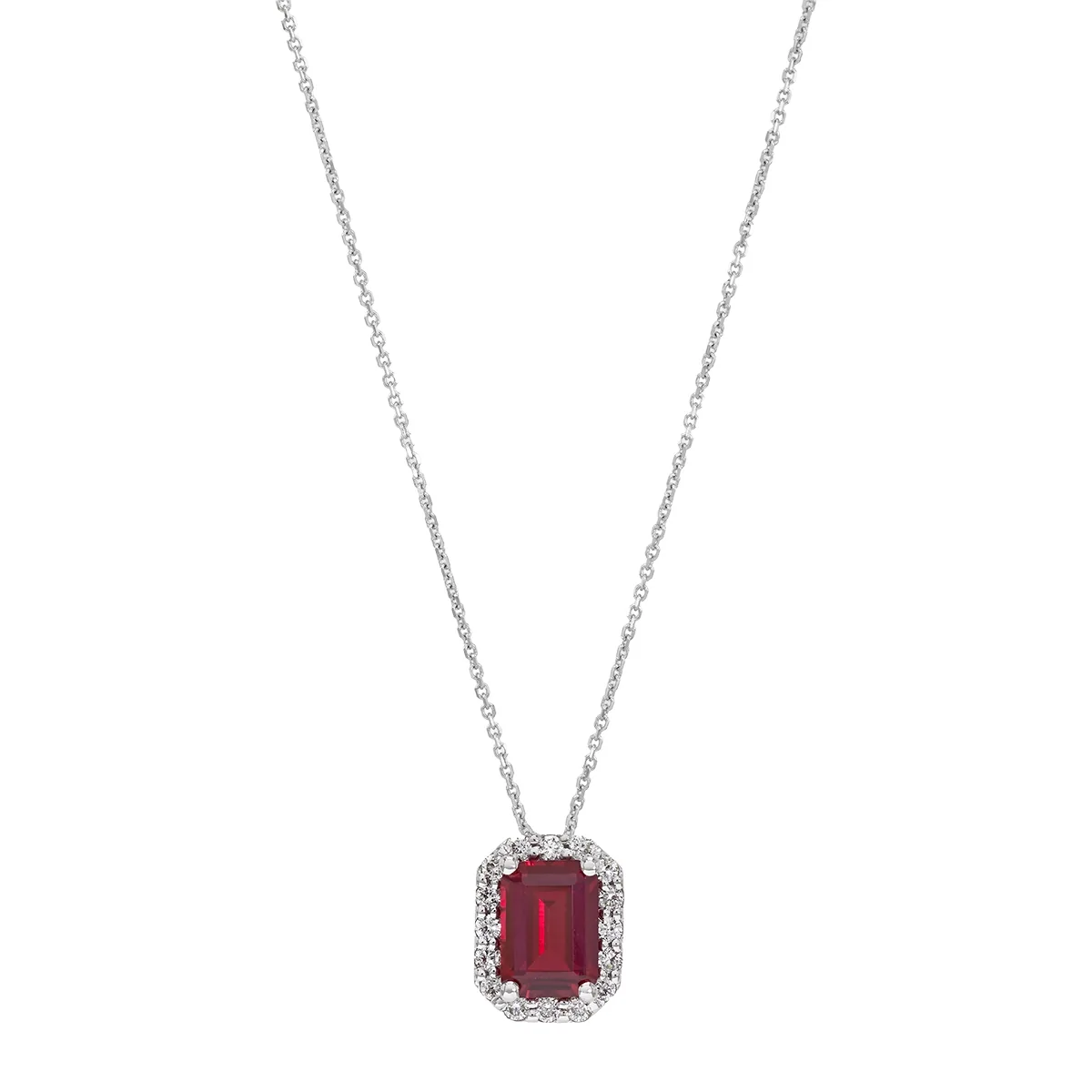 Gargantilla en oro blanco de 18 Kilates, Uñas+decoración, con ruby laboratorio central de 1.10 Ct y decoración en diamante de laboratorio de 0.16 Ct, 42 cm. de largo, 0.50 mm. de ancho