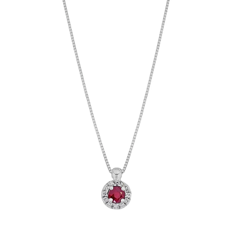 Gargantilla en oro blanco de 18 Kilates, Uñas+decoración, con rubí central de 0.23 Ct y decoración en diamantes de 0.07 Ct, 42 cm. de largo, 0.50 mm. de ancho