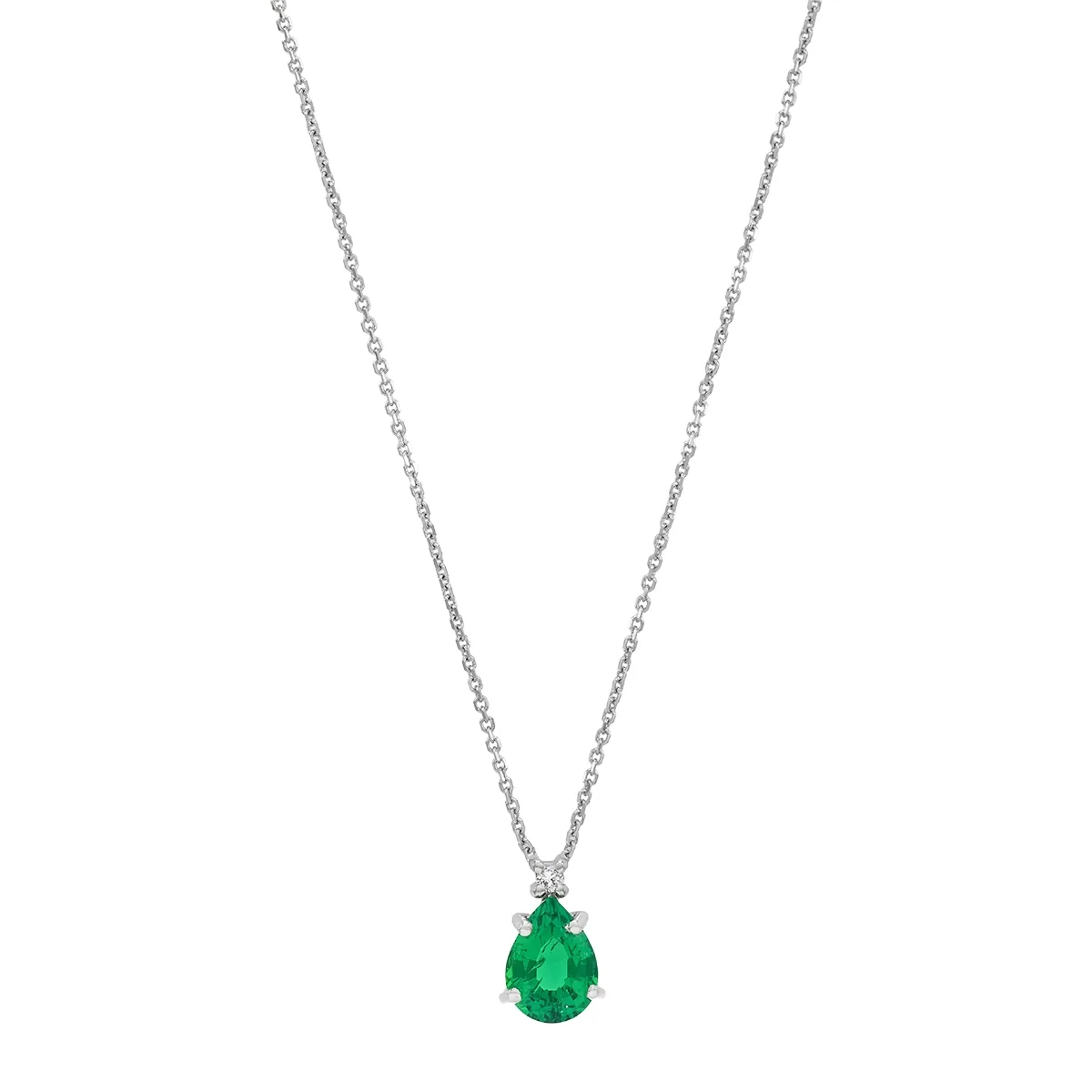 Gargantilla en oro blanco de 18 Kilates, Uñas+decoración, con esmeralda laboratorio central de 0.60 Ct y decoración en diamante laboratorio de 0.01 Ct, 42 cm. de largo, 0.50 mm. de ancho
