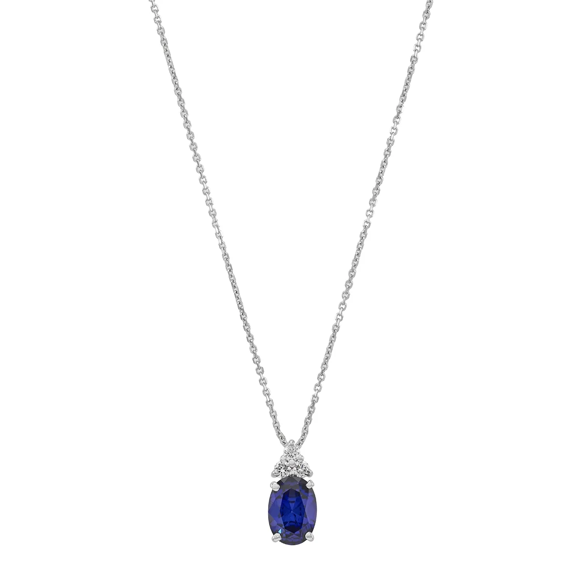 Gargantilla en oro blanco de 18 Kilates, Uñas+decoración, con zafiro laboratorio central de 0.80 Ct y decoración en diamante de laboratorio de 0.06 Ct, 42 cm. de largo, 0.50 mm. de ancho