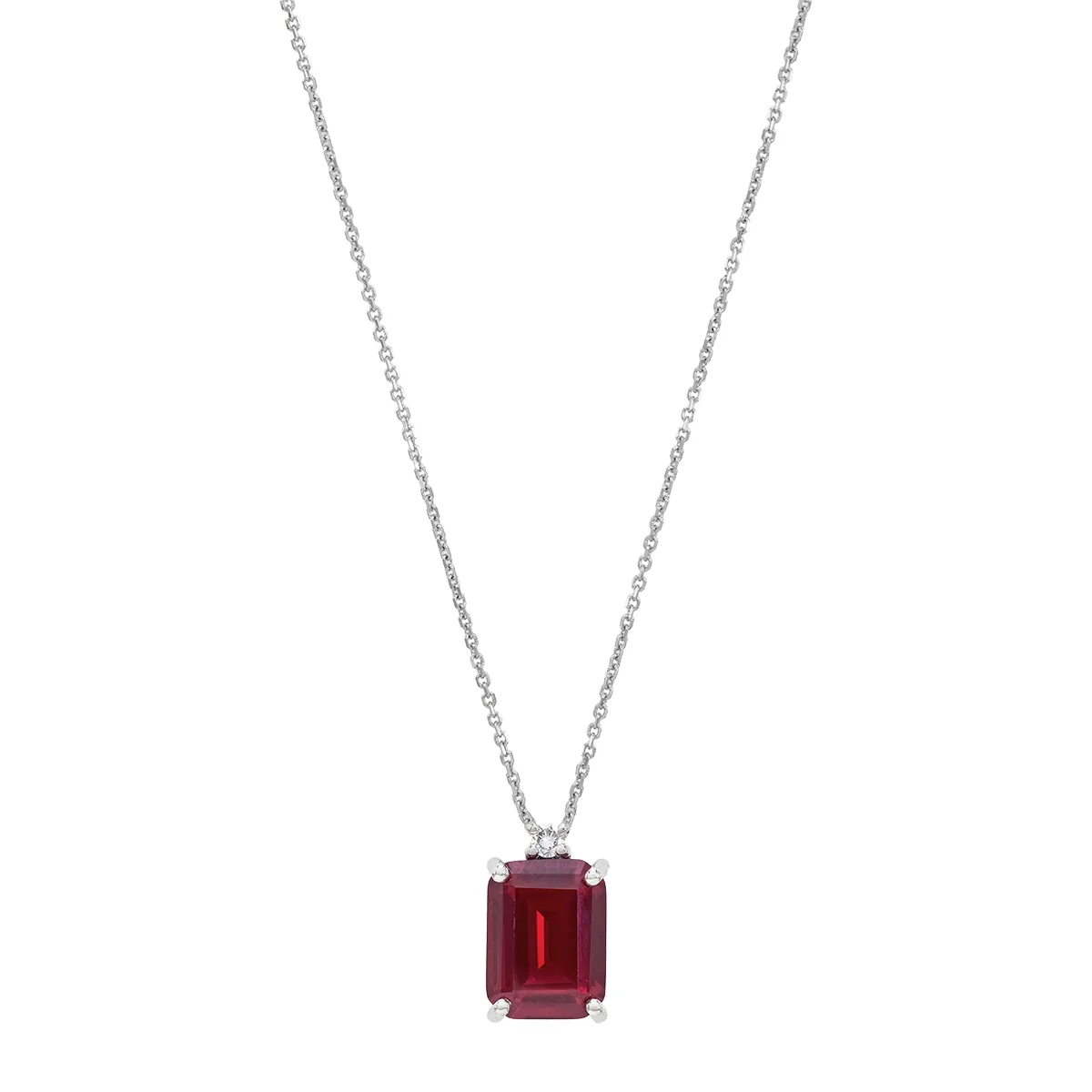 Gargantilla en oro blanco de 18 Kilates, Uñas+decoración, con ruby laboratorio central de 1.80 Ct y decoración en diamante laboratorio de 0.02 Ct, 42 cm. de largo, 0.50 mm. de ancho