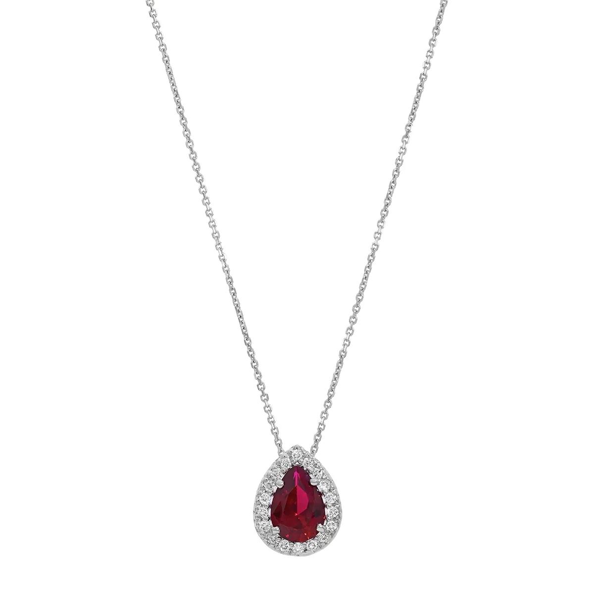 Gargantilla en oro blanco de 18 Kilates, Uñas+decoración, con ruby laboratorio central de 0.75 Ct y decoración en diamante de laboratorio de 0.09 Ct, 42 cm. de largo, 0.50 mm. de ancho