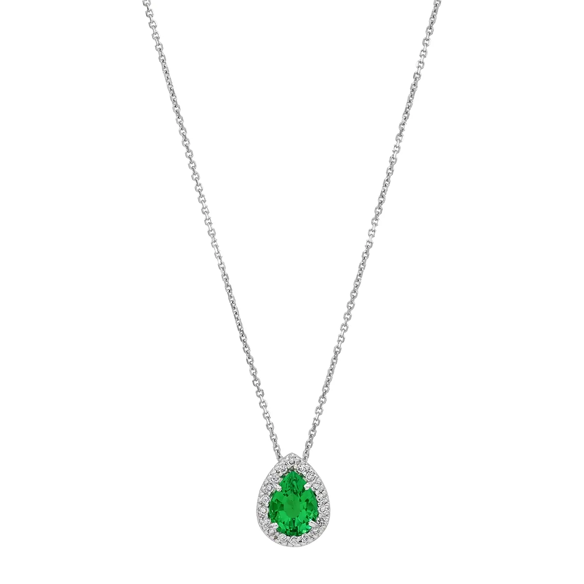 Gargantilla en oro blanco de 18 Kilates, Uñas+decoración, con esmeralda laboratorio central de 0.65 Ct y decoración en diamante de laboratorio de 0.09 Ct, 42 cm. de largo, 0.50 mm. de ancho