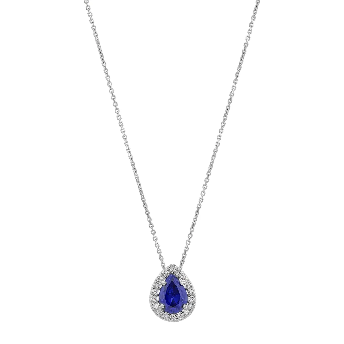 Gargantilla en oro blanco de 18 Kilates, Uñas+decoración, con zafiro laboratorio central de 0.75 Ct y decoración en diamante de laboratorio de 0.09 Ct, 42 cm. de largo, 0.50 mm. de ancho