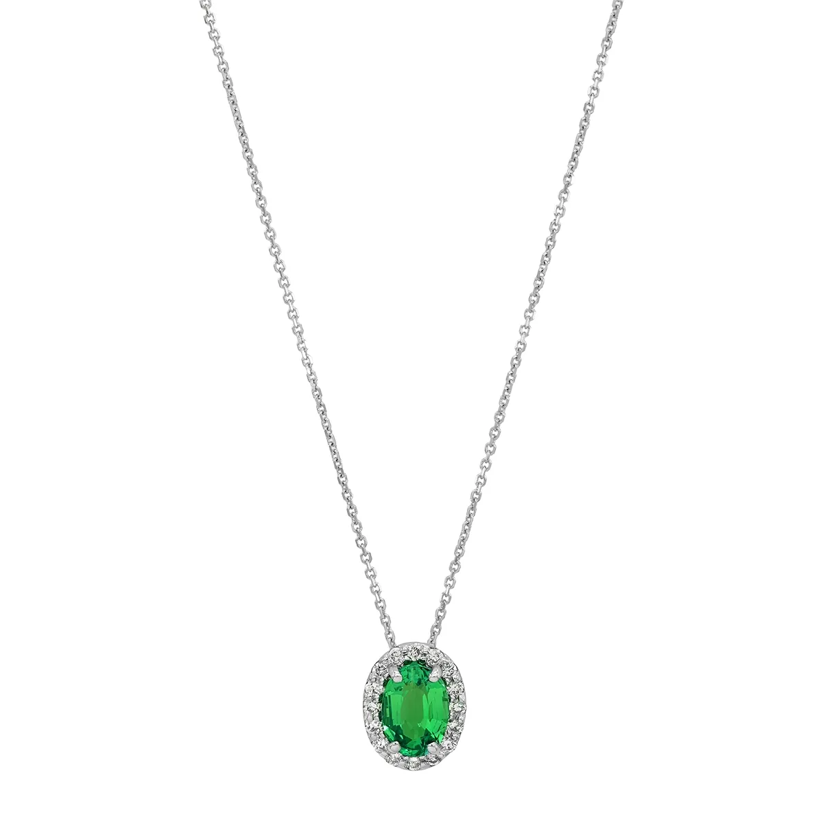 Gargantilla en oro blanco de 18 Kilates, Uñas+decoración, con esmeralda laboratorio central de 0.80 Ct y decoración en diamante de laboratorio de 0.16 Ct, 42 cm. de largo, 0.50 mm. de ancho