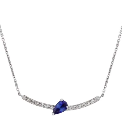 Gargantilla en oro blanco de 18 Kilates, Barra, con zafiro central de 0.25 Ct y decoración en diamantes de 0.07 Ct, 40 cm. de largo, 0.50 mm. de ancho