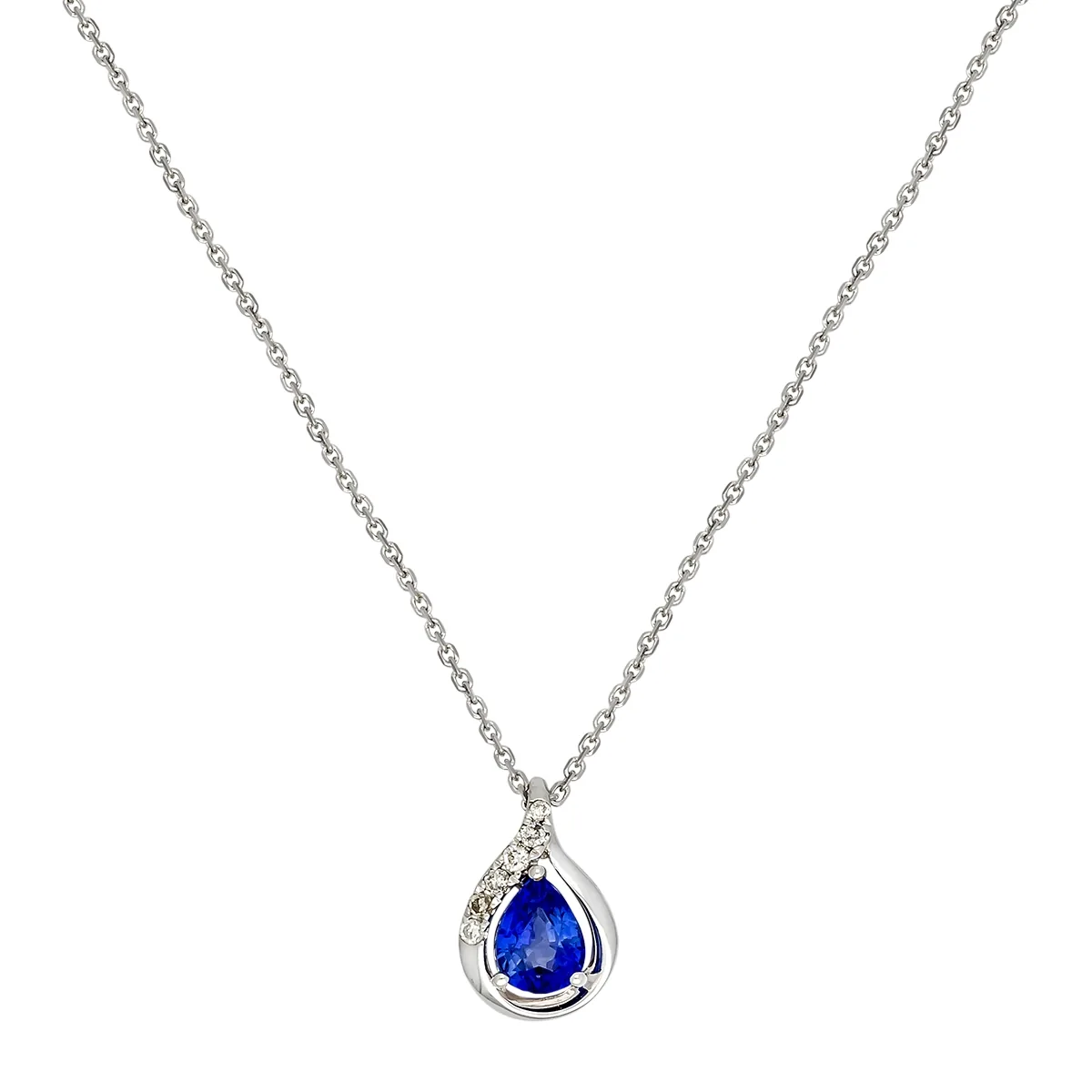 Gargantilla en oro blanco de 18 Kilates, Lágrima, con zafiro central de 0.35 Ct y decoración en diamantes de 0.03 Ct, 40 cm. de largo, 1 mm. de ancho