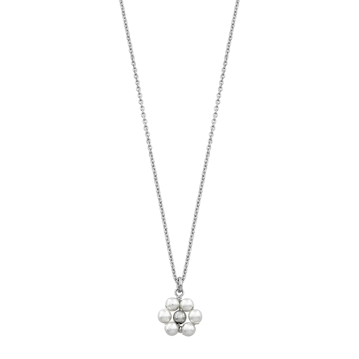 Gargantilla en plata Ley 925, Flores, con perla sintéticas, 45 cm. de largo, 0.50 mm. de ancho, de la coleccion Sueños